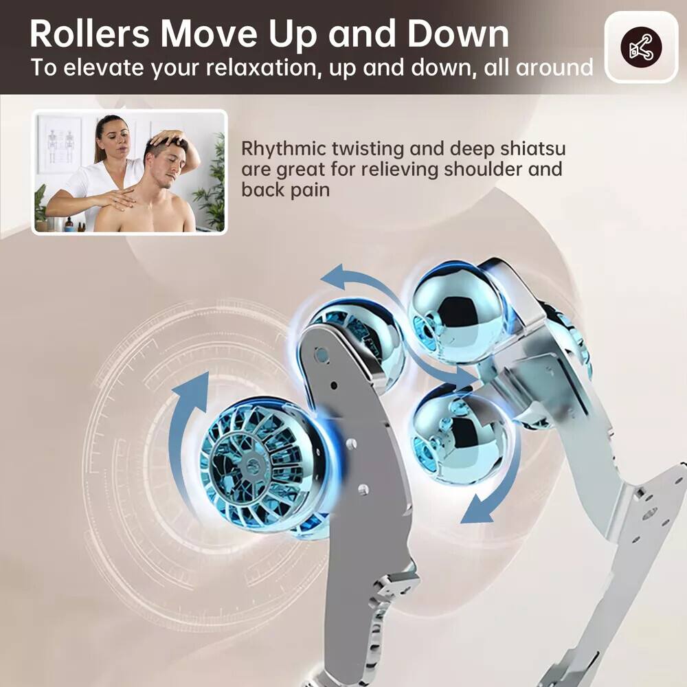 Rollers Move Up and Down  
To elevate your relaxation, up and down, all around  

Rhythmic twisting and deep shiatsu are great for relieving shoulder and back pain