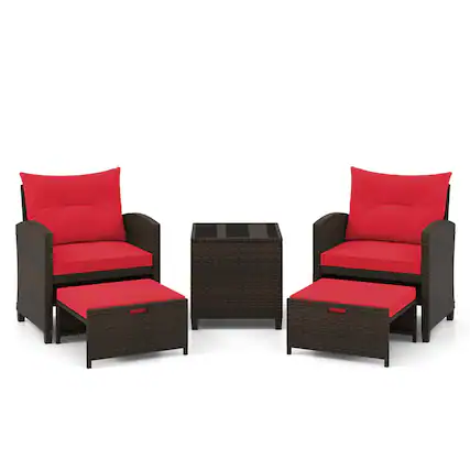 Front. Gymax - Gymax Set of 5 Rattan Furniture w/ 2 Wicker Ottomans & Tempered Glass Coffee Table Patio Red - Red.
