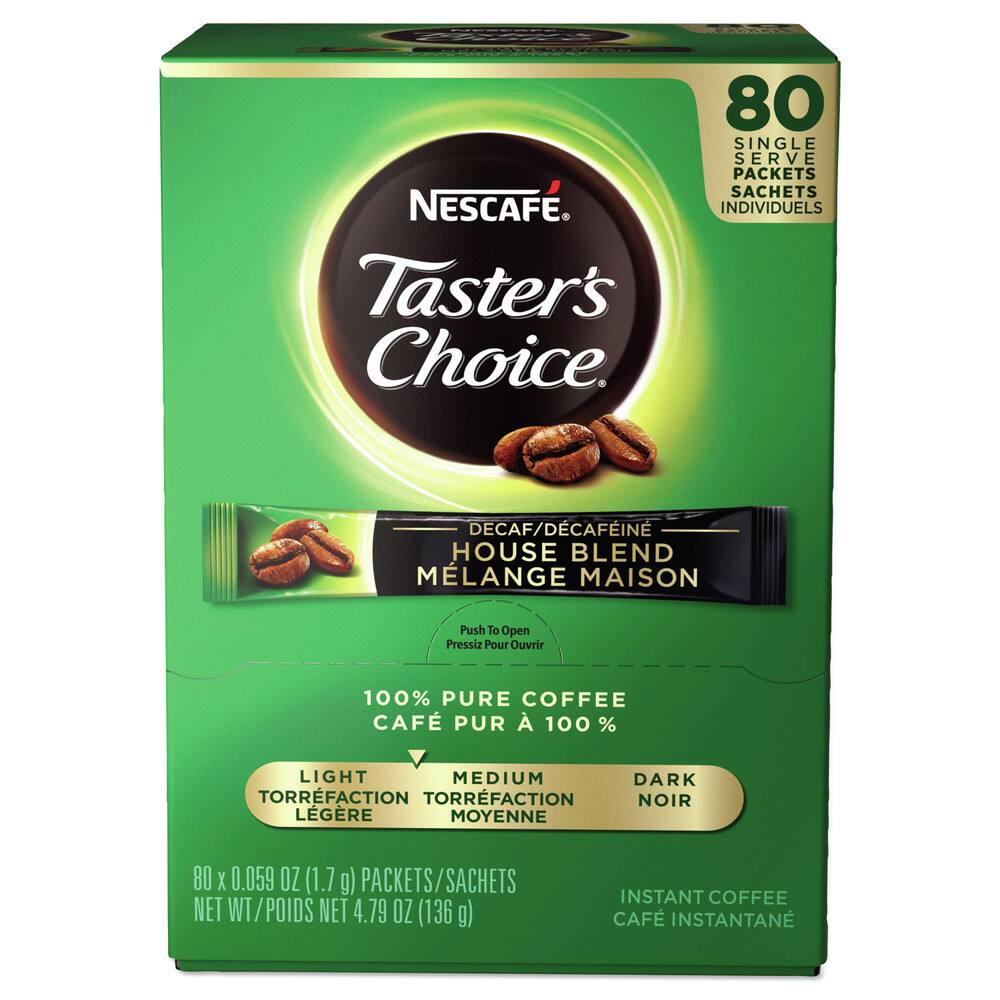 80 SINGLE SERV V PACKETS SACHETS NESCAFE INDIVIDUELS Taster's Choice DECAF/DÉCAFÉINÉE HOUSE BLEND MÉLANGE MAISON Push To Open Pressiz Pour Ouvrir 100% PURE COFFEE CAFÉ PUR 100% LIGHT MEDIUM DARK TORRÉFACTION TORRÉFACTION NOIR LÉGÈRE MOYENNE 80 X 0.059 OZ (1.7 g) PACKETS/SACHETS NET WT/POIDS NET 4.79 OZ (136 g) INSTANT COFFEE CAFÉ INSTANTANÉ