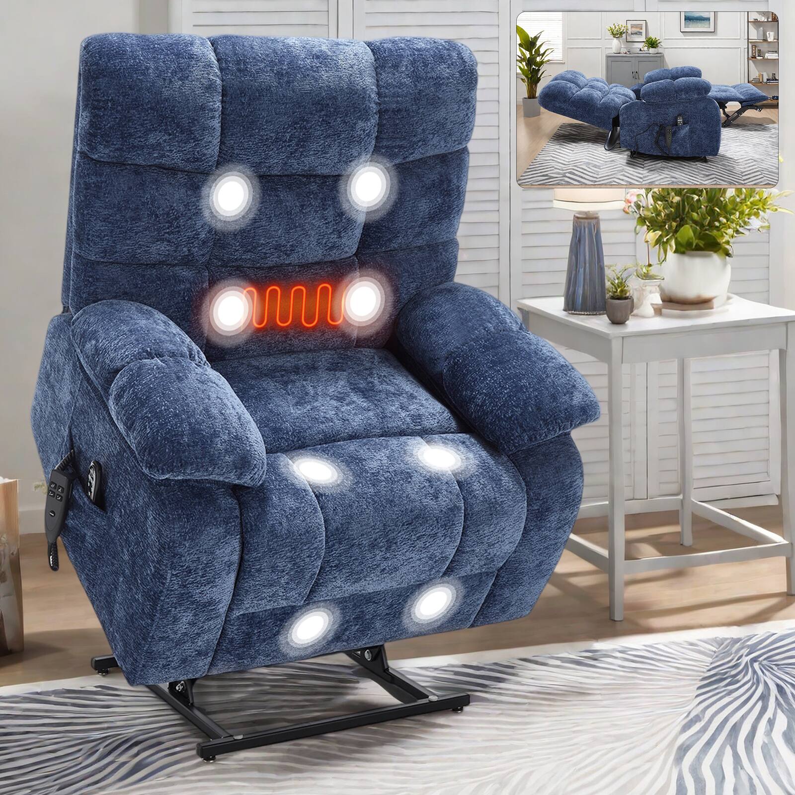 Angle. LUCKY ONE - Dual Motor Chenille Lift Recliner Chiar with Massage & Heat - Blue.