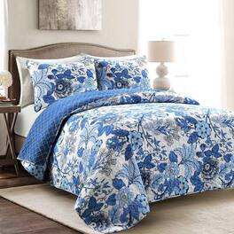 Dapper Styles - Sydney Reversible Cotton Quilt Set King - Bedding Floral Cottage Size - Navy & White-Full/Queen