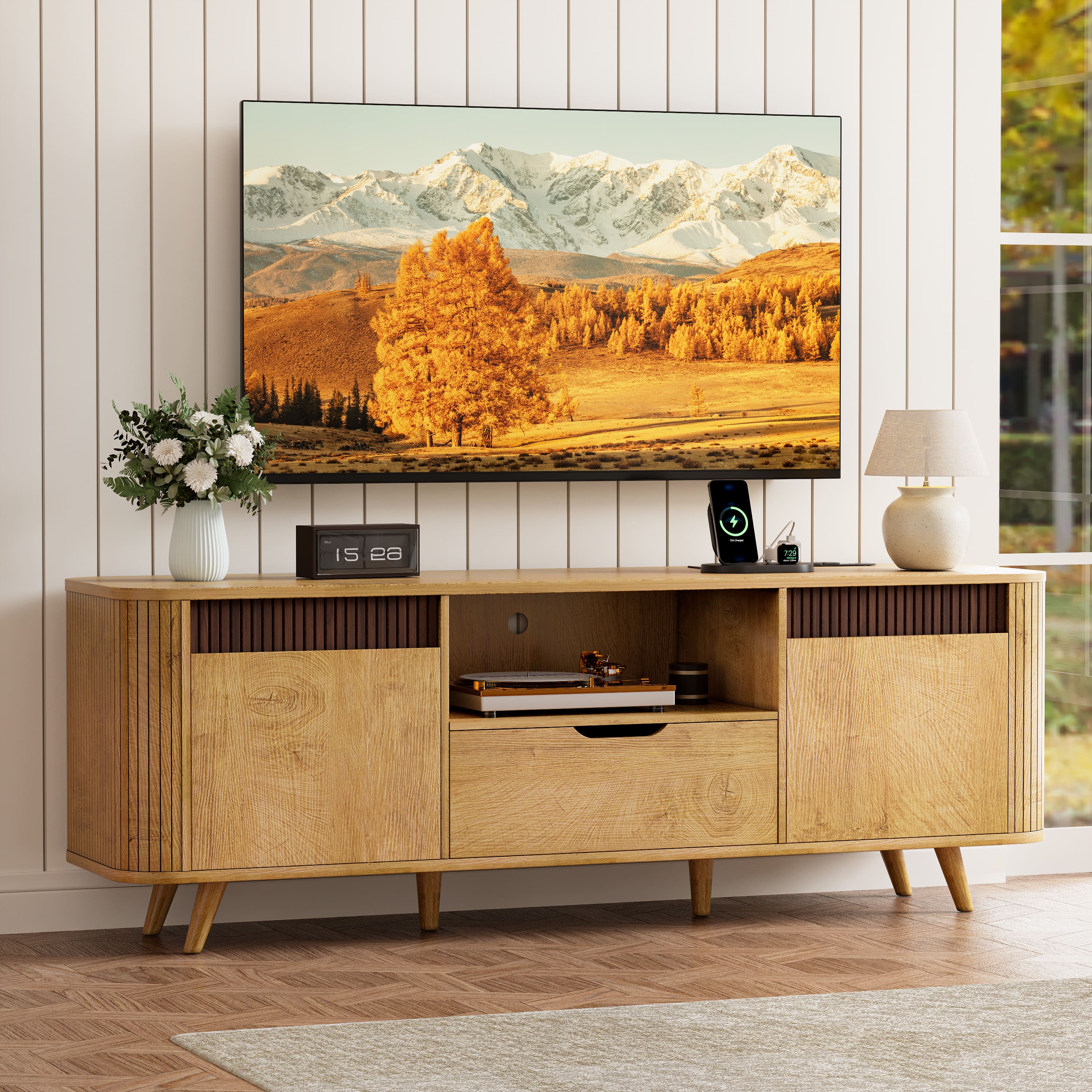 Furnulem - 55 Inch Fluted TV Stand with Built in Power Outlet 1 Drawer Media Console Natural Wood Finish - Yellow