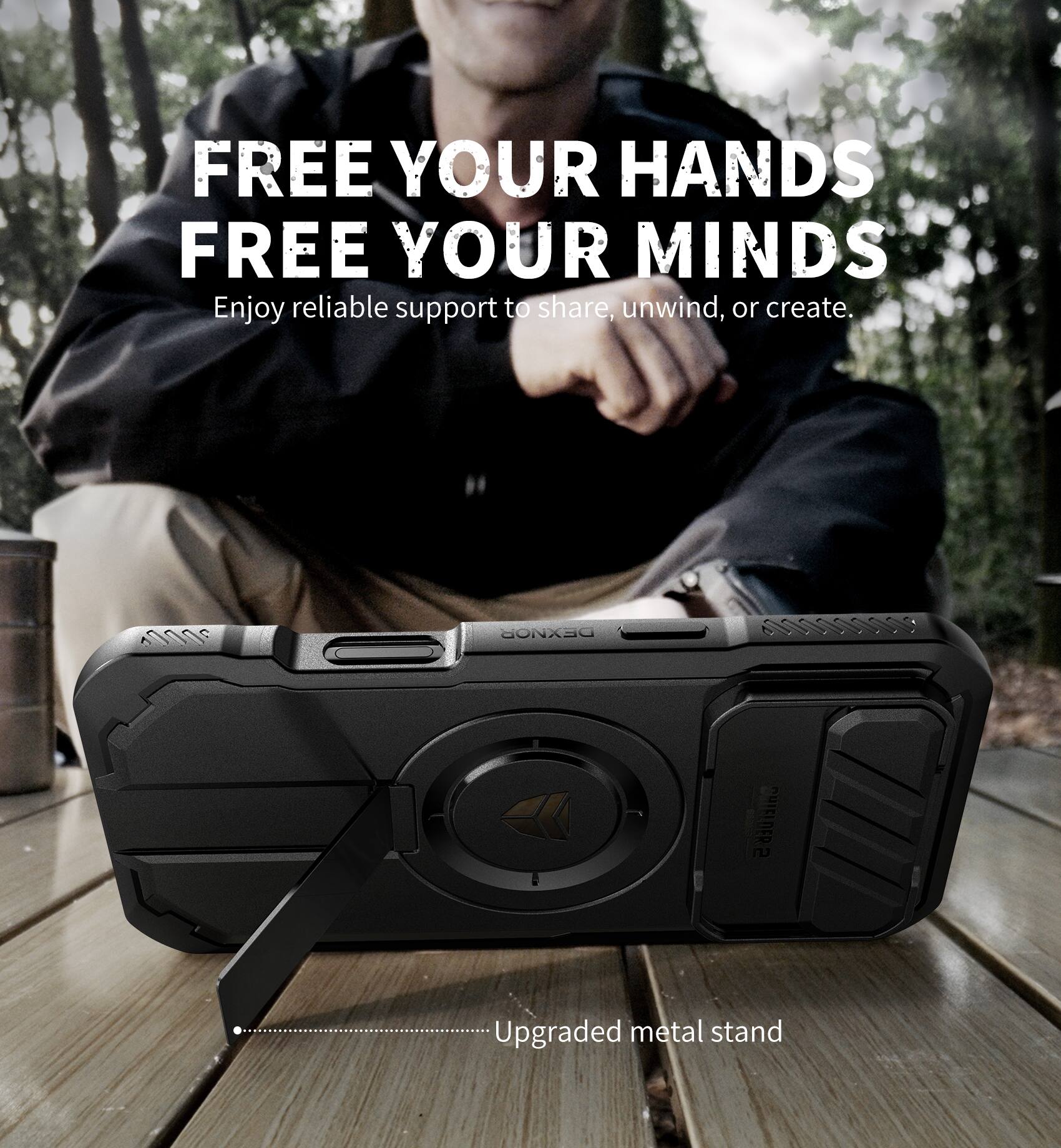 FREE YOUR HANDS  
FREE YOUR MINDS  
Enjoy reliable support to share, unwind, or create.  

Upgraded metal stand