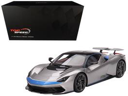 Top Speed - 2019 Pininfarina Battista Grigio Luserna Iconica Blu Accents Black Top World Premiere 1/18 - Silver Metallic