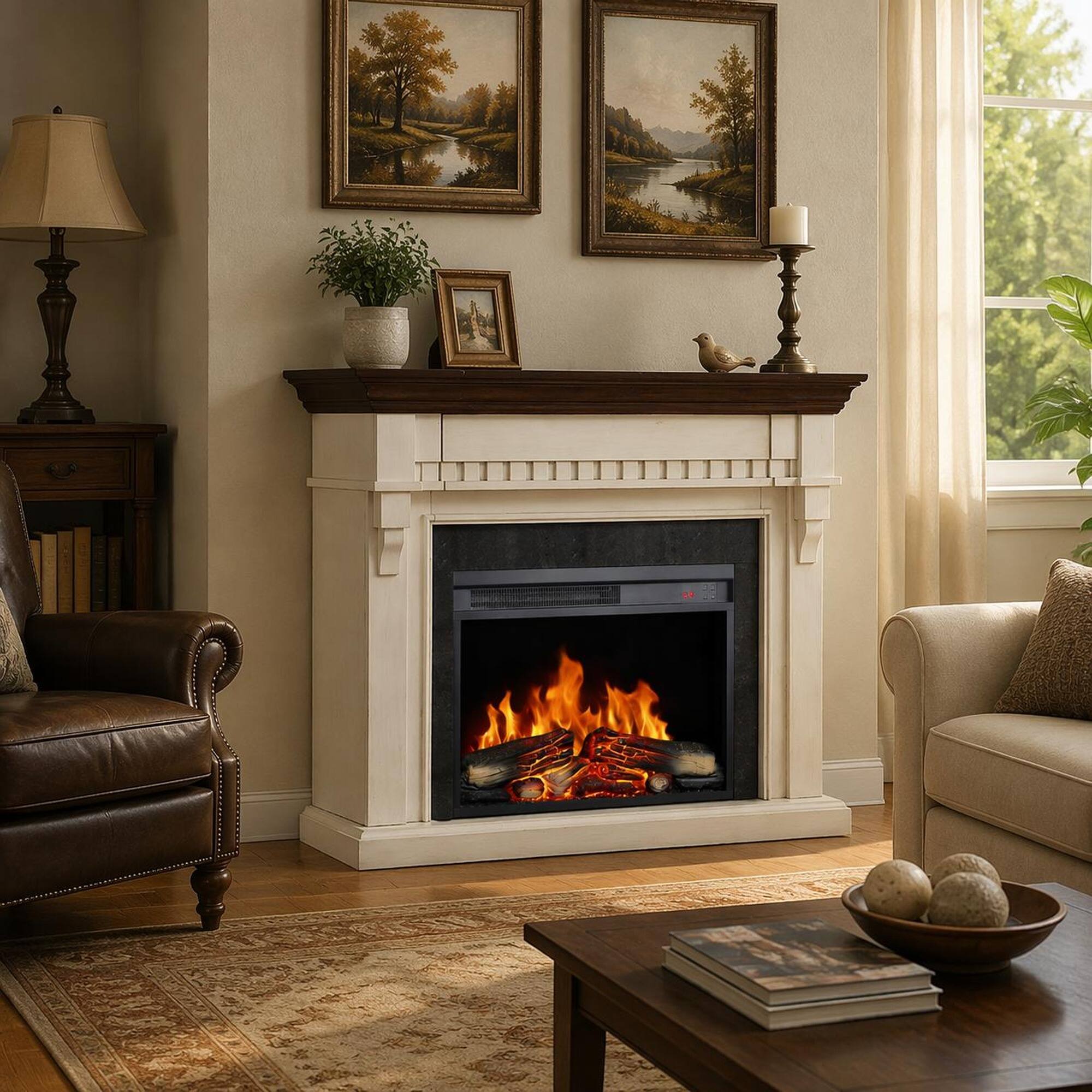 Angle. RYHNUYNE - 23 Inch Electric Fireplace Insert – Ultra Thin Heater with Log Set, Realistic Flame, Remote Control & Timer - Antique Black.
