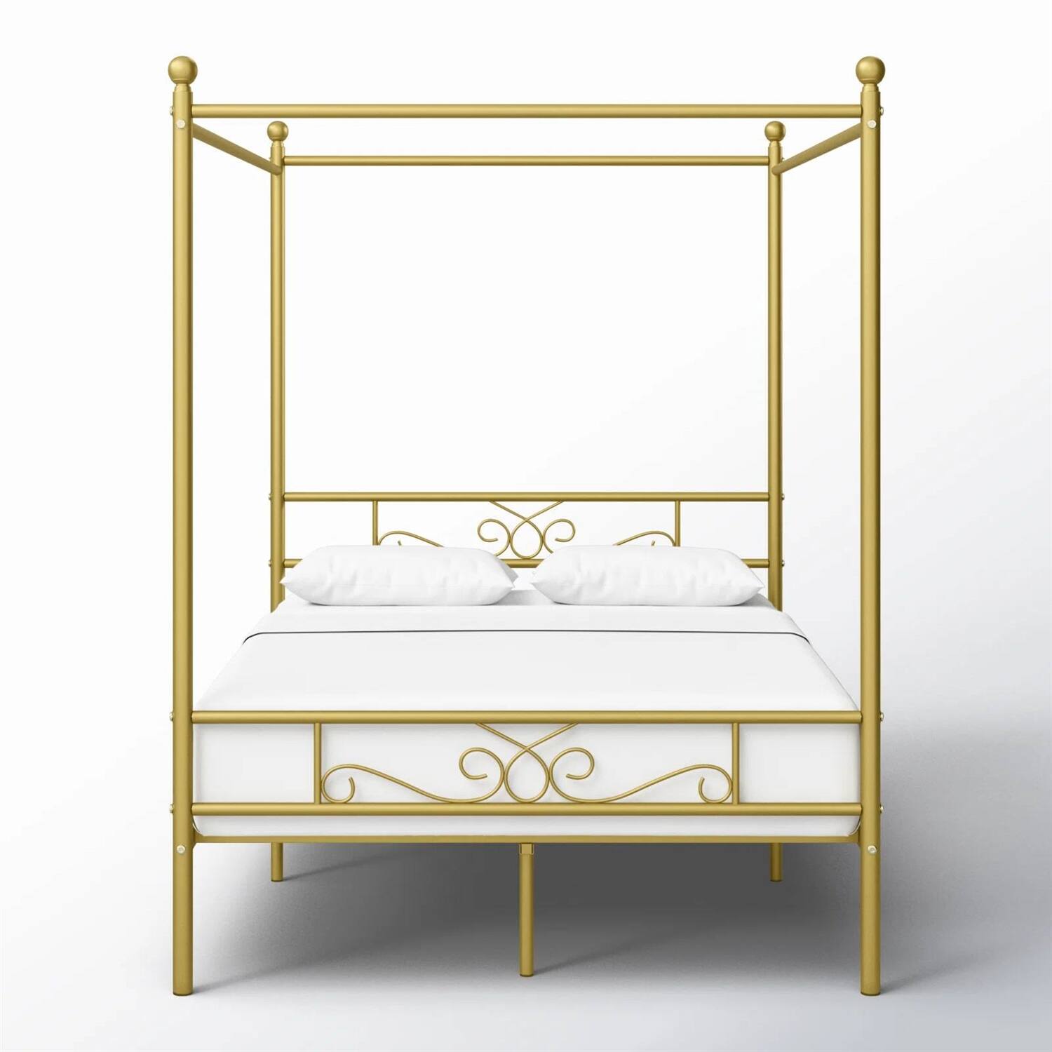 Left. Hivvago - Full size French Country Four Poster Metal Canopy Bed in Gold Finish - Gold.