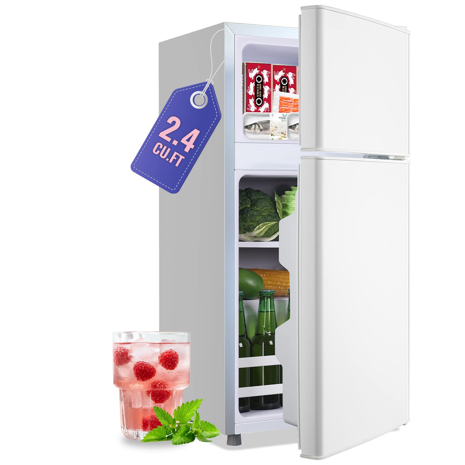 DEMULLER - 2.4 Cu.Ft Compact Mini Fridge with Freezer, Dorm Kitchen Refrigerator with 7 Temperature Settings - White