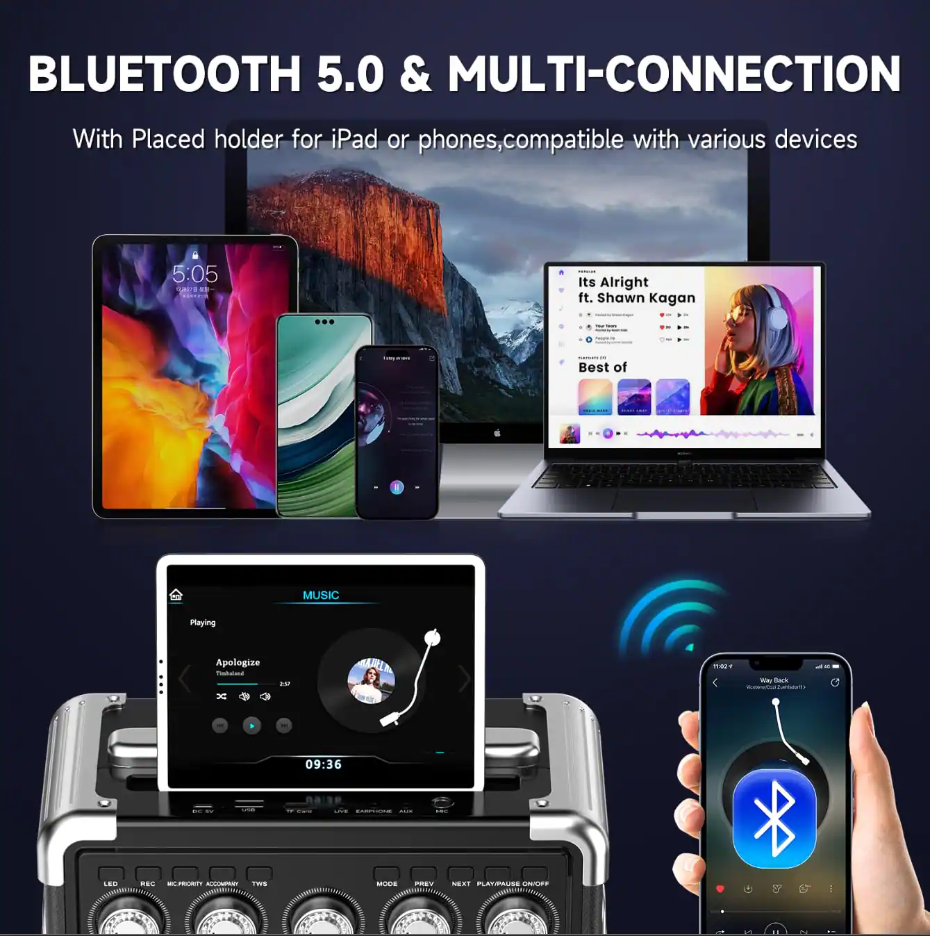 BLUETOOTH 5.0 & MULTI-CONNECTION  
With Placed holder for iPad or phones, compatible with various devices  

5:05  
Its Alright ft. Shawn Kagan | Best of MUSIC  
Apologize  
09:36  

LED REC MT - MESSY  
TWS MUDE PREV - PLATYAUSE GOFT