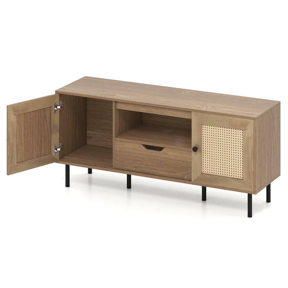 Left. Kadyn - Boho Style Entertainment Center for 60-Inch TVs with Cabinets, Natural - Brown.