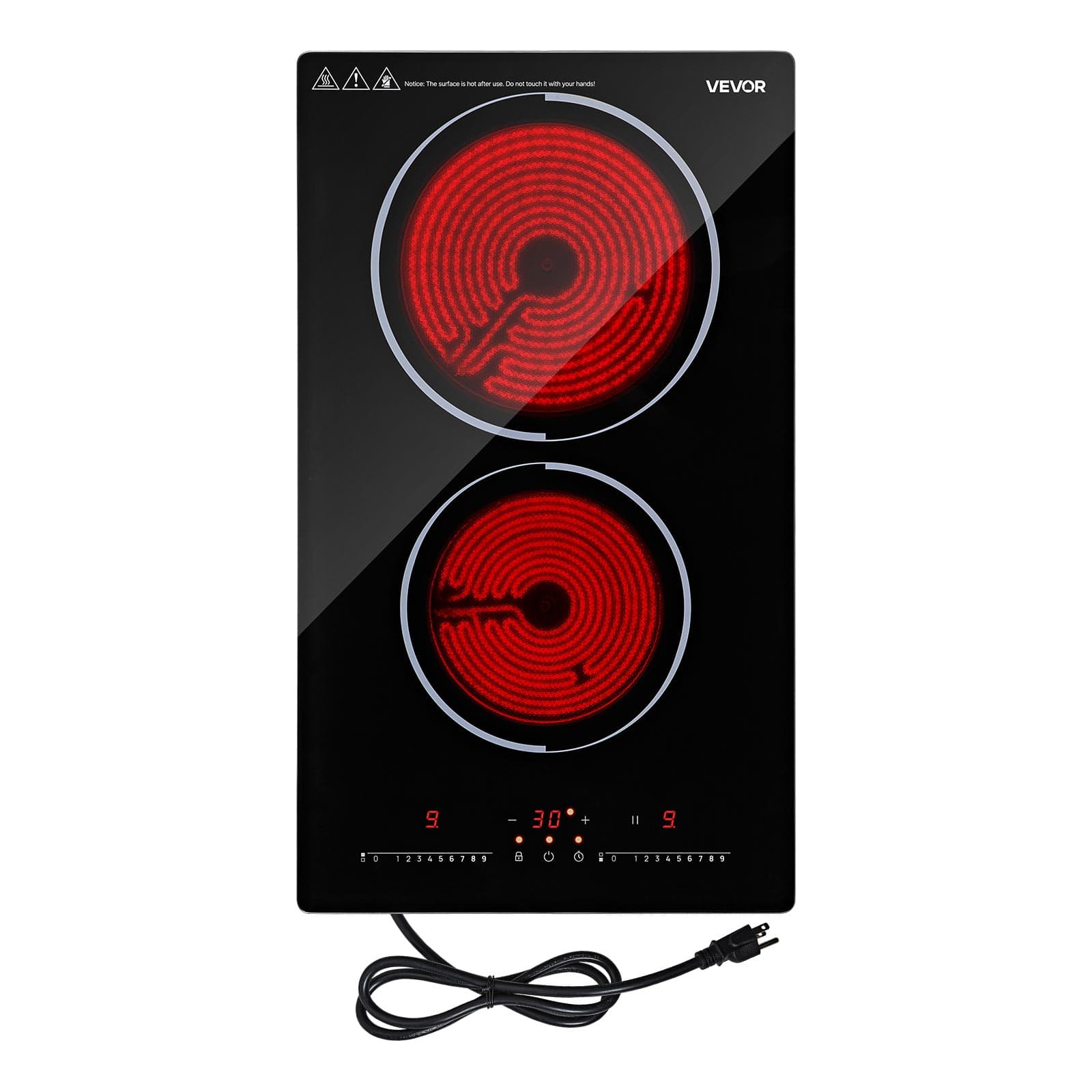 VEVOR - Electric Cooktop 12inch 2 Burners Portable Stove Top 1800W 120V, Ceramic Countertop/Built-in Radiant Electric Stove - Black