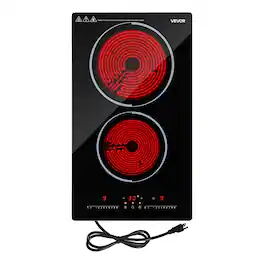 VEVOR - Electric Cooktop 12inch 2 Burners Portable Stove Top 1800W 120V, Ceramic Countertop/Built-in Radiant Electric Stove - Black