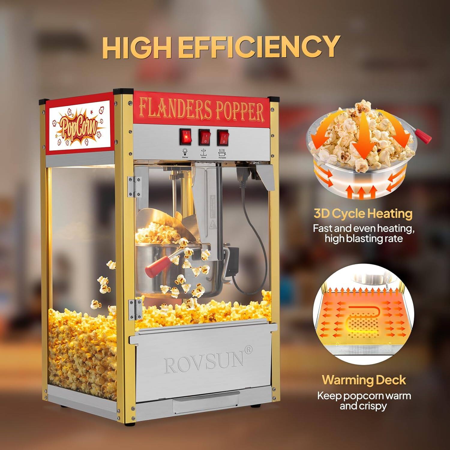 HIGH EFFICIENCY

FLANDERS POPPER

3D Cycle Heating
Fast and even heating, high blasting rate

Warming Deck
Keep popcorn warm and crispy