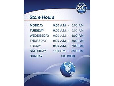 XC Store Hours

MONDAY 9:00 A.M. - 5:00 P.M.  
TUESDAY 9:00 A.M. - 5:00 P.M.  
WEDNESDAY 9:00 A.M. - 5:00 P.M.  
THURSDAY 9:00 A.M. - 5:00 P.M.  
FRIDAY 9:00 A.M. - 7:00 P.M.  
SATURDAY 1:00 P.M. - 5:00 P.M.  
SUNDAY (CLOSED)