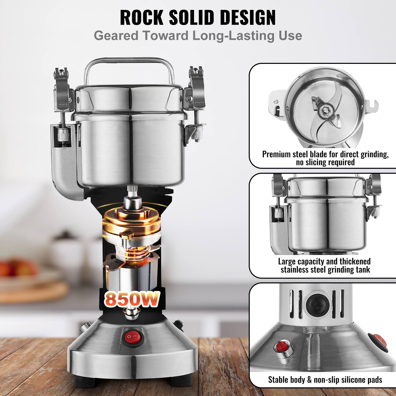 **ROCK SOLID DESIGN**  
Geared Toward Long-Lasting Use

- Premium steel blade for direct grinding, no slicing required
- Large capacity and thickened stainless steel grinding tank
- Stable body & non-slip silicone pads

850W