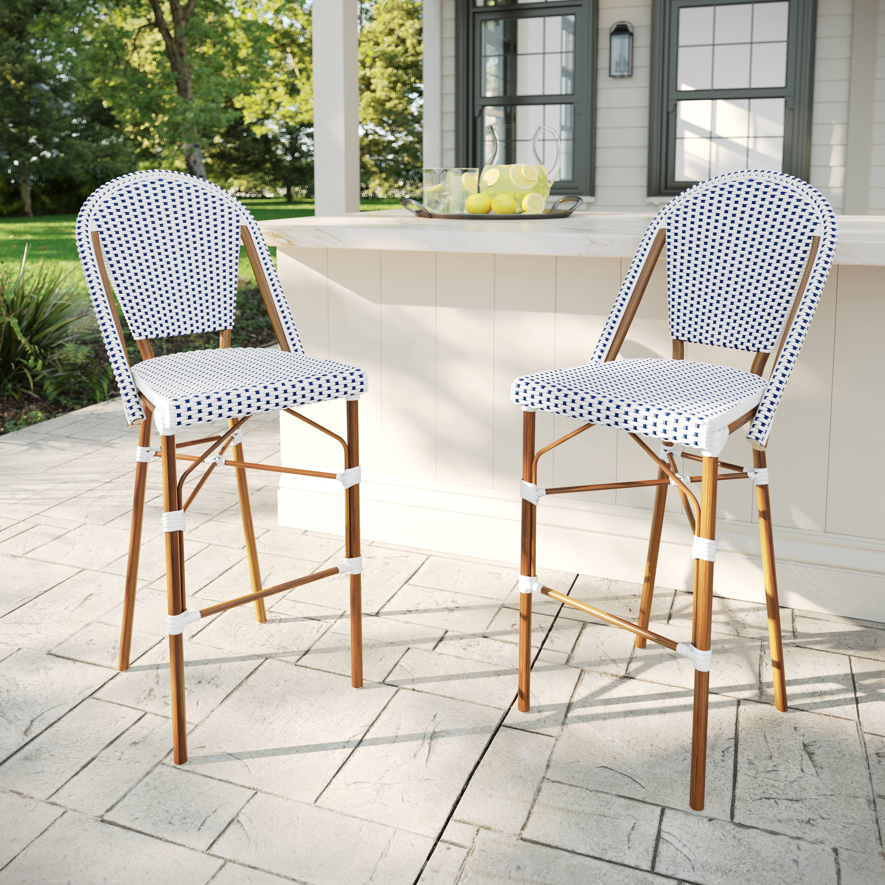 Alt View 1. Martha Stewart - Lily Pond 2PK All-Weather Stackable Patio Bistro Bar Stools - Navy & White/Natural Frame.