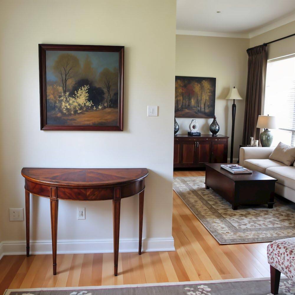 Left. Starlight Canyon Home - Medium Brown Half Moon Console Table for Living Room and Entryway - Medium Brown.