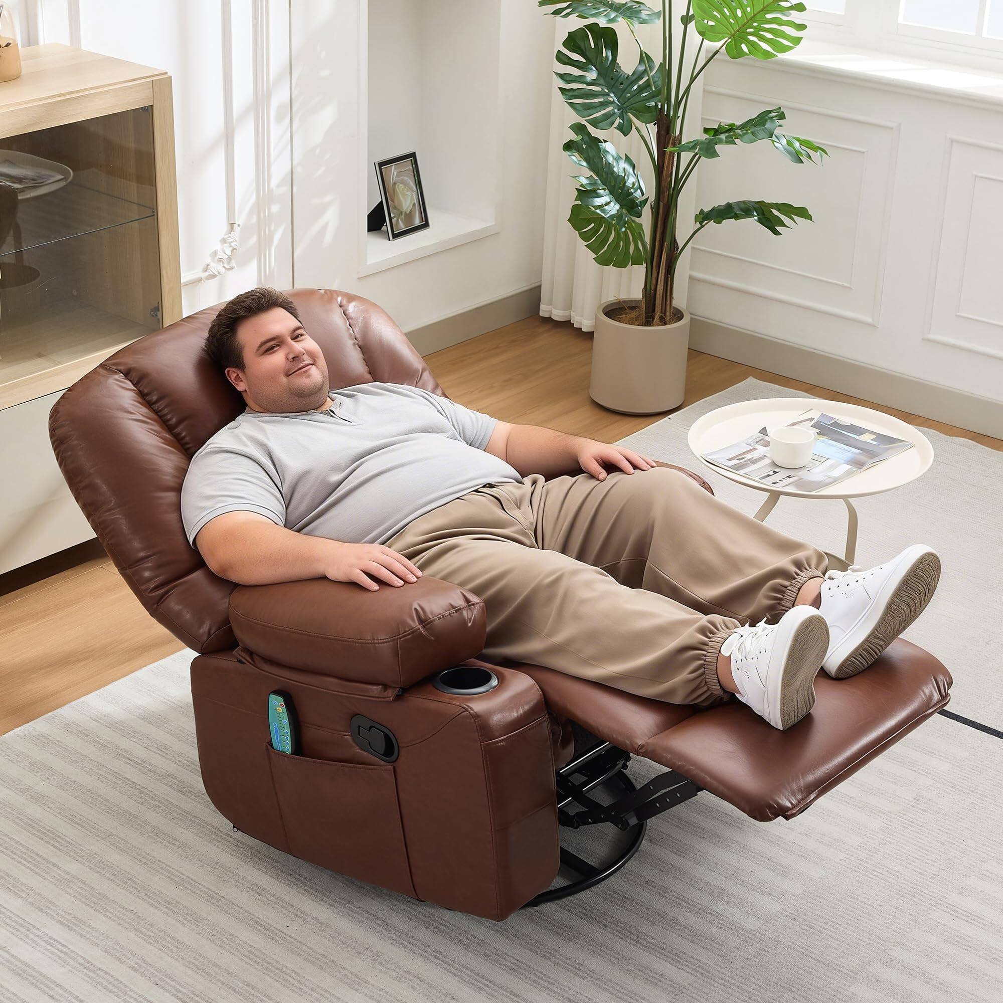 Alt View 4. Babevy - 360° Swivel Recliner Chair with Vibration Massage & Heating, Extra-Wide PU Leather Sofa for Living Room/Bedroom - Brown PU.