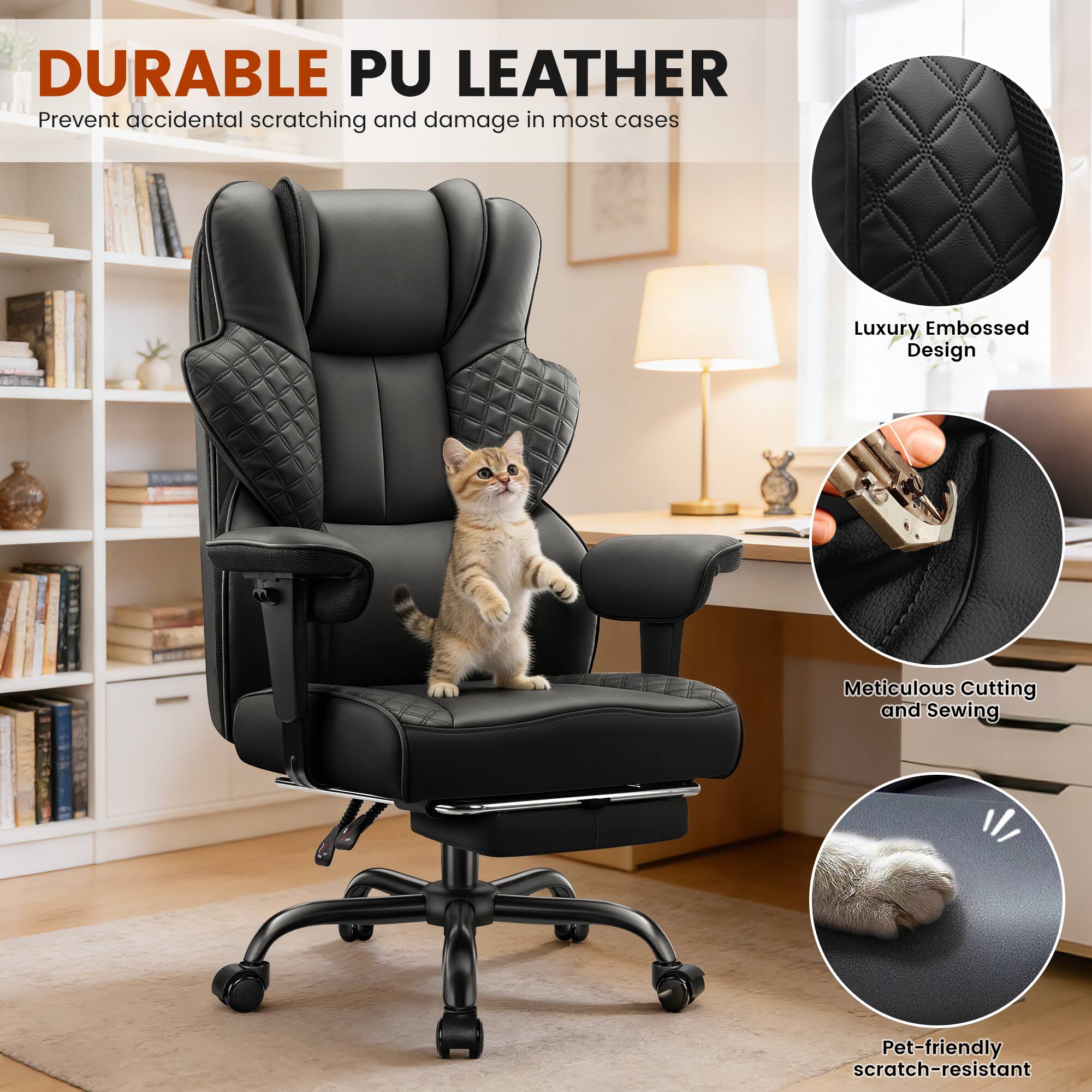 DURABLE PU LEATHER  
Prevent accidental scratching and damage in most cases  

Luxury Embossed Design  

Meticulous Cutting and Sewing  

Pet-friendly scratch-resistant