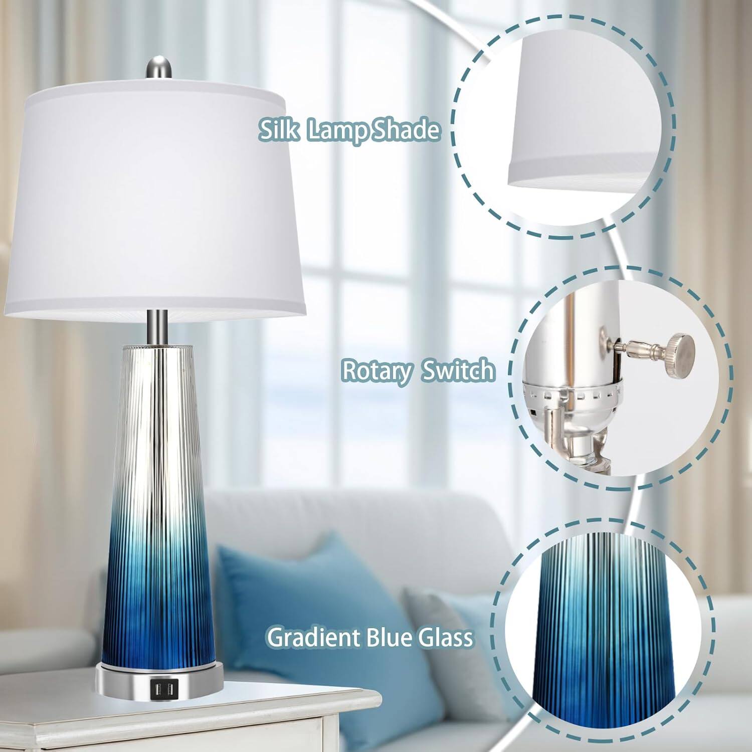 Silk Lamp Shade  
Rotary Switch  
Gradient Blue Glass