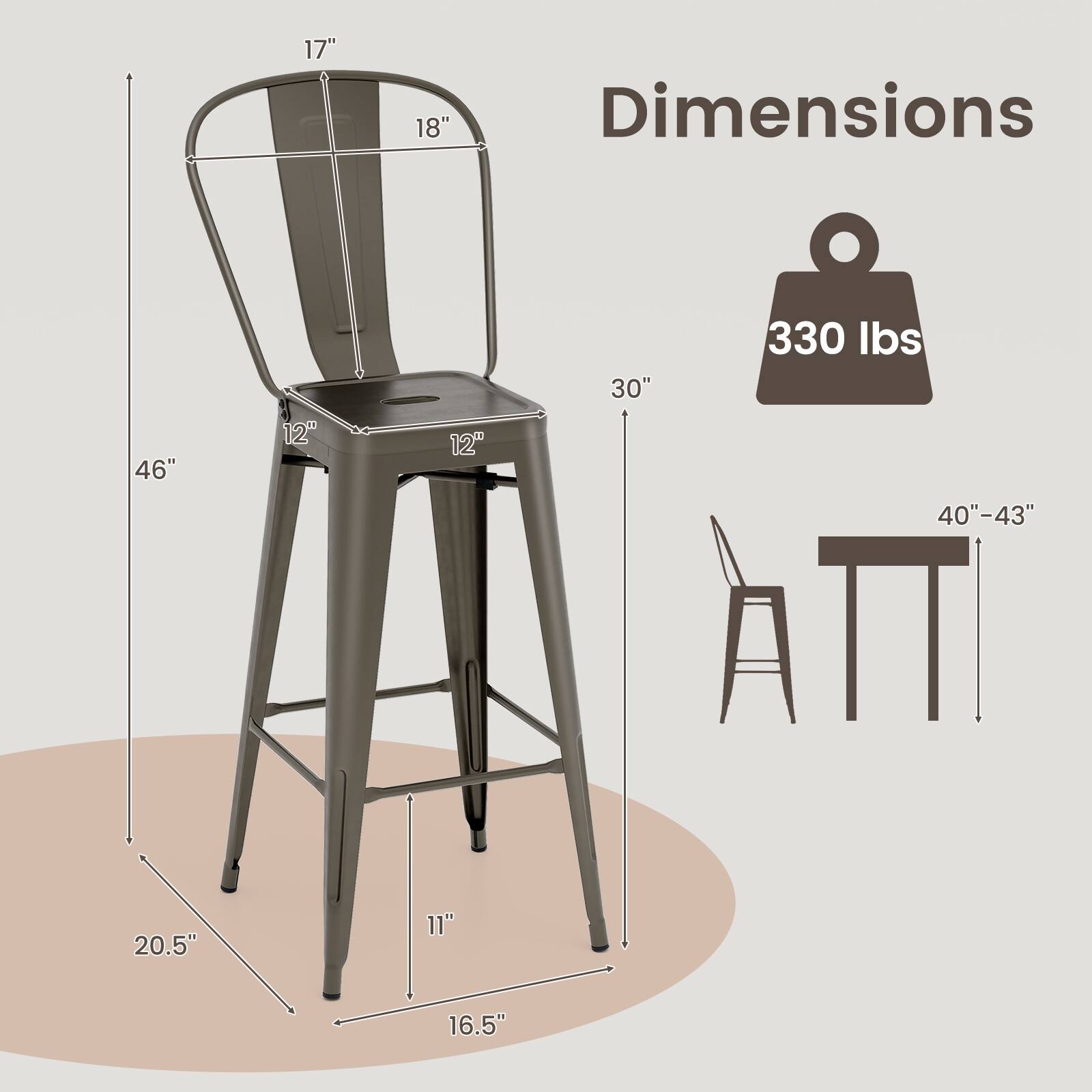 Dimensions: 17", 18", 46", 12", 12", 30", 330 lbs, 40"-43", 20.5", 11", 16.5"