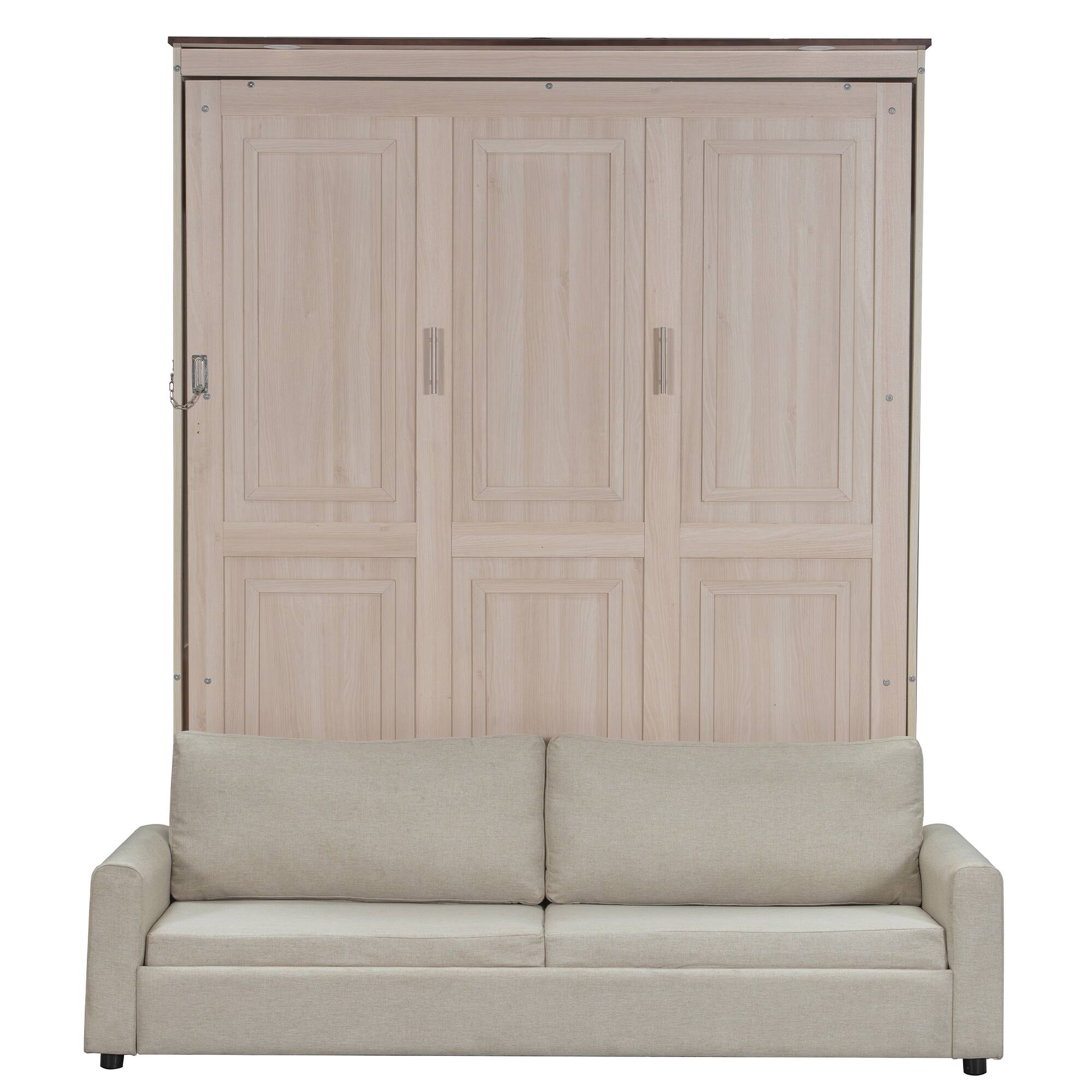 Back. Whisen - Queen Size Murphy Bed with Integrated Sofa and LED Lights, Space-Saving Foldable Bed Frame - Beige.