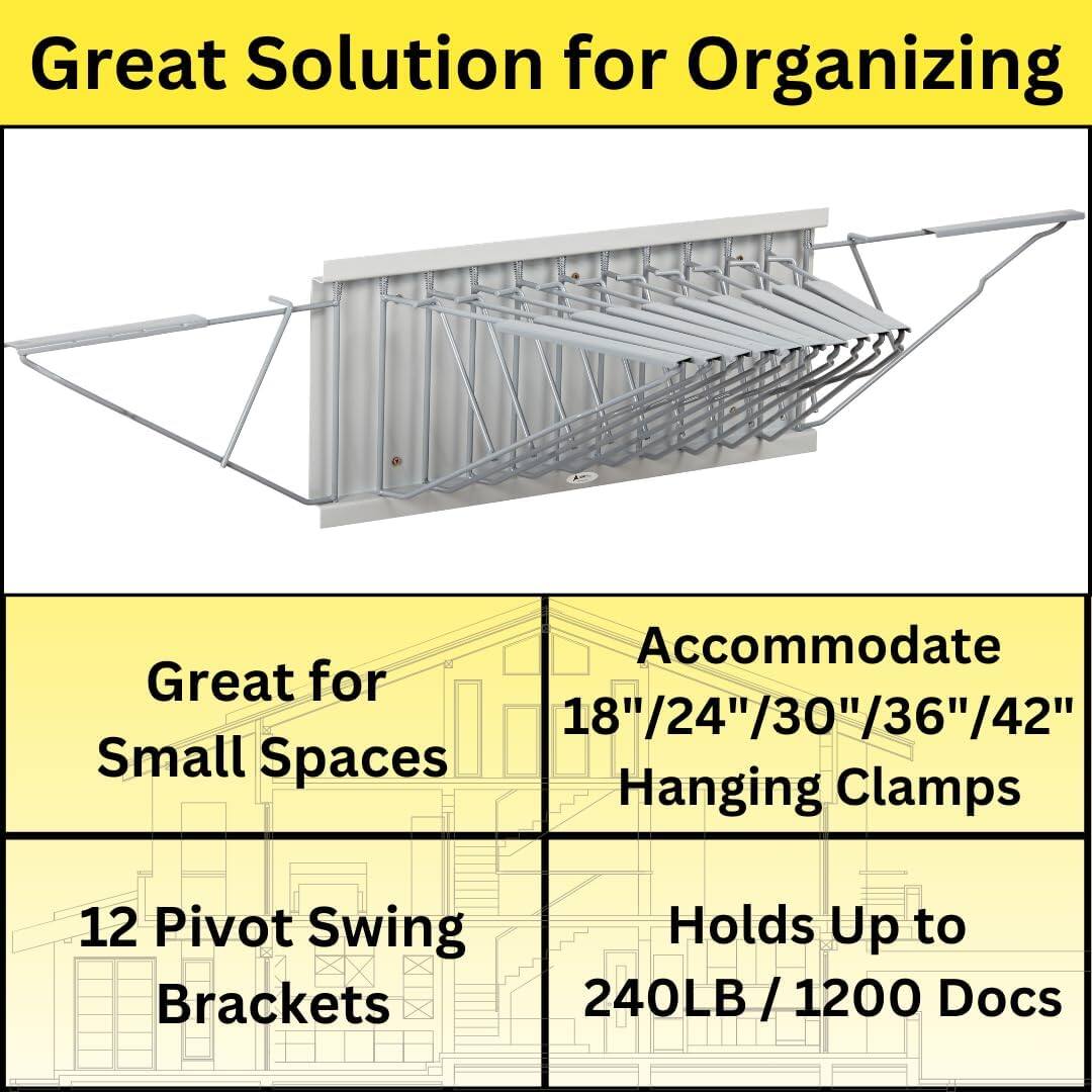 Great Solution for Organizing, Great for Small Spaces, Accommodate 18"/24"/30"/36"/42" Hanging Clamps, 12 Pivot Swing Brackets, Holds Up to 240LB / 1200 Docs