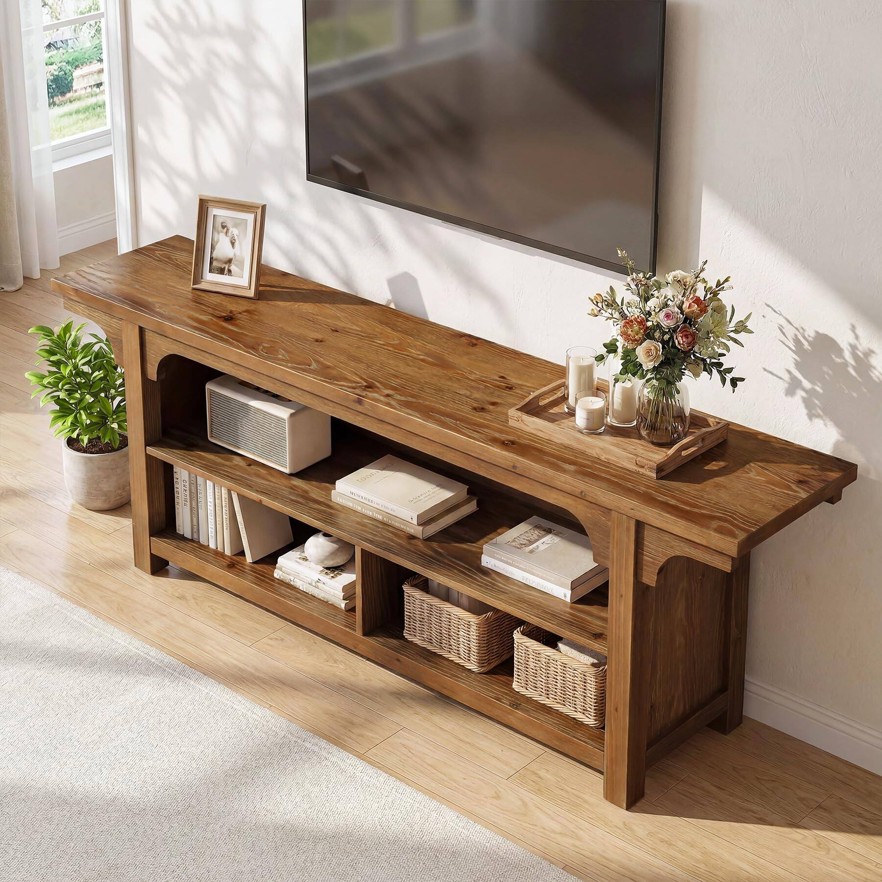Alt View 2. Tribesigns - 63-Inch Solid Wood TV Stand for 55-70 Inch TVs, Farmhouse Media Console with 3 Open Compartments - Walnut.