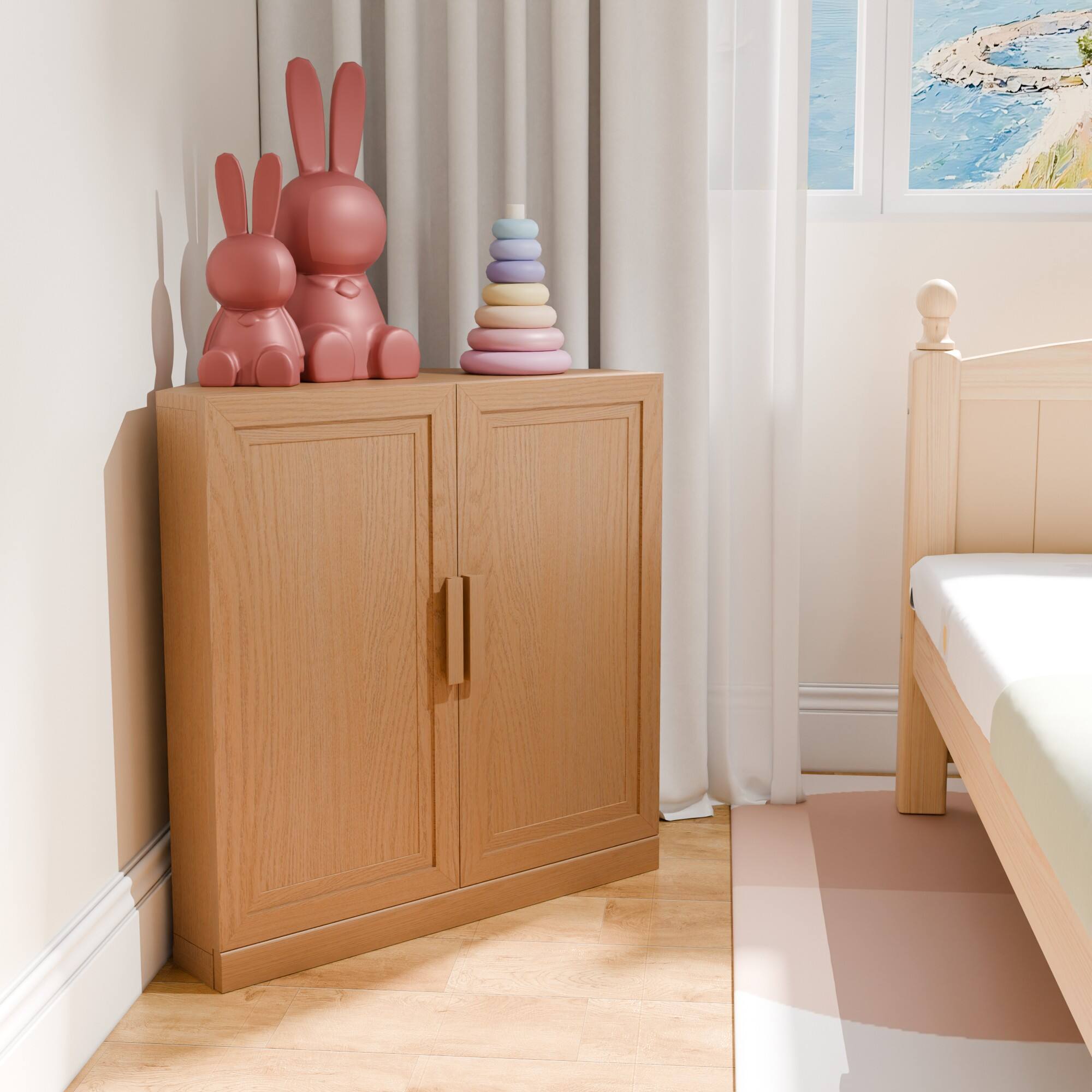 Alt View 2. PexFix - 31" Farmhouse Corner Accent Storage Cabinet with Solid Wood Doors and Adjustable Shelves for Space-Saving - Natural.