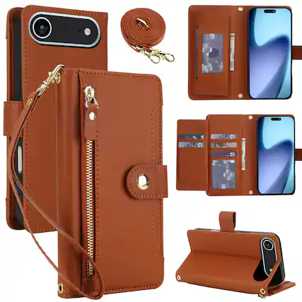 Front. Dteck - Crossbody Zipper Wallet Case for Apple iPhone Air,Faux Leather Magnetic Closure Flip Credit Card Holder Cover+Lanyard - Brown.