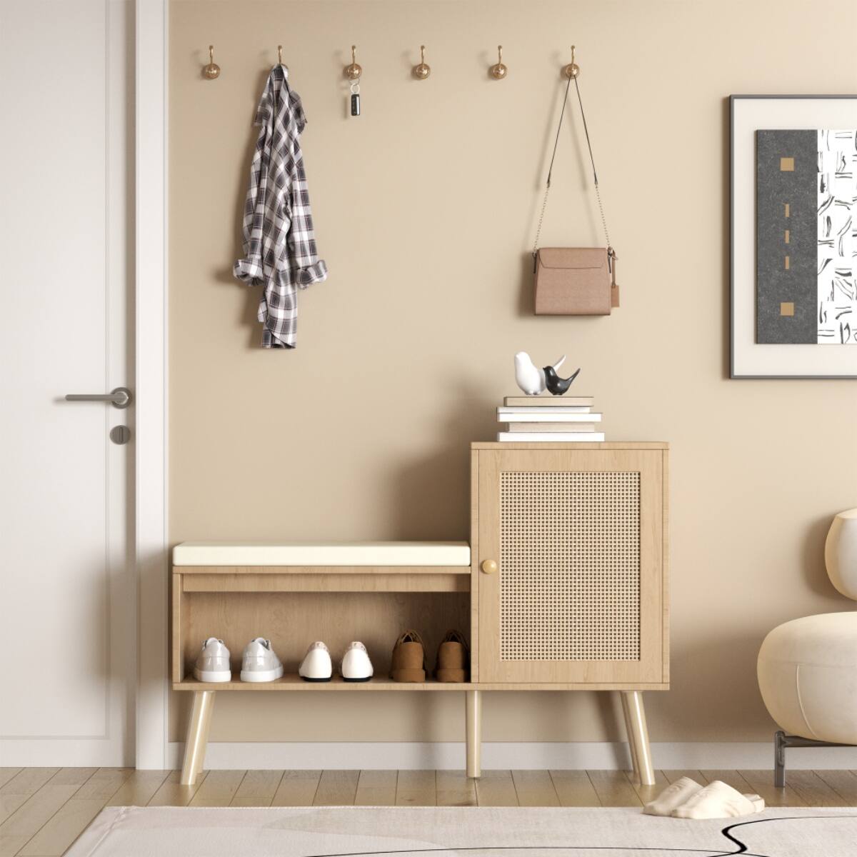 Left. HTUTWOO - 2-in-1 Entryway Shoe Bench with Cabinet - Rattan Shoe Organizer with Cushion,for Hallway,Living Room,Apartments & Homes - Brown.