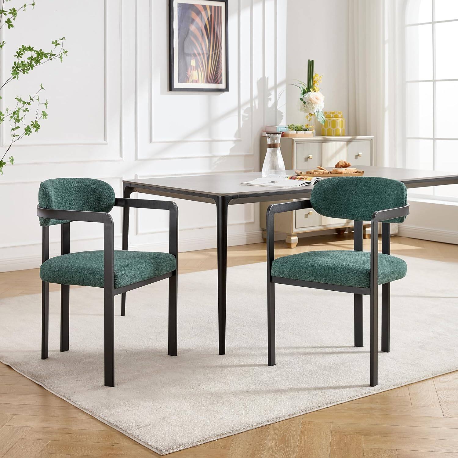 Trinkets Crazed - Modern Dining Room Chairs Set of 2, Mid-Century Upholstered Boucle Kitchen Dining Chairs - Green