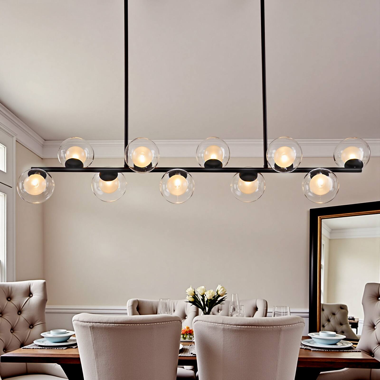 Alt View 6. Siljoy - Modern 10-Light Dimmable Linear Chandelier Clear Double Glass Gold Adj. Height – For Dining Kitchen Bedroom - Black.