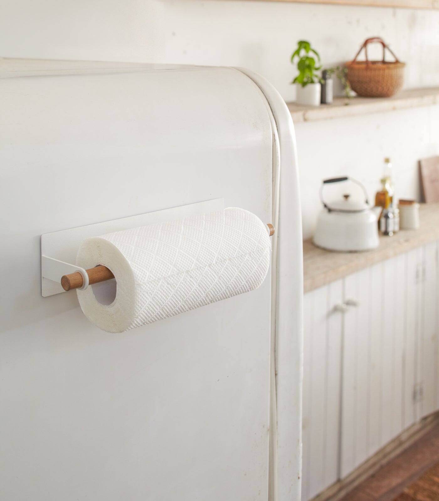 Front. Yamazaki Home - Magnetic Paper Towel Hanger - Steel + Wood - White.