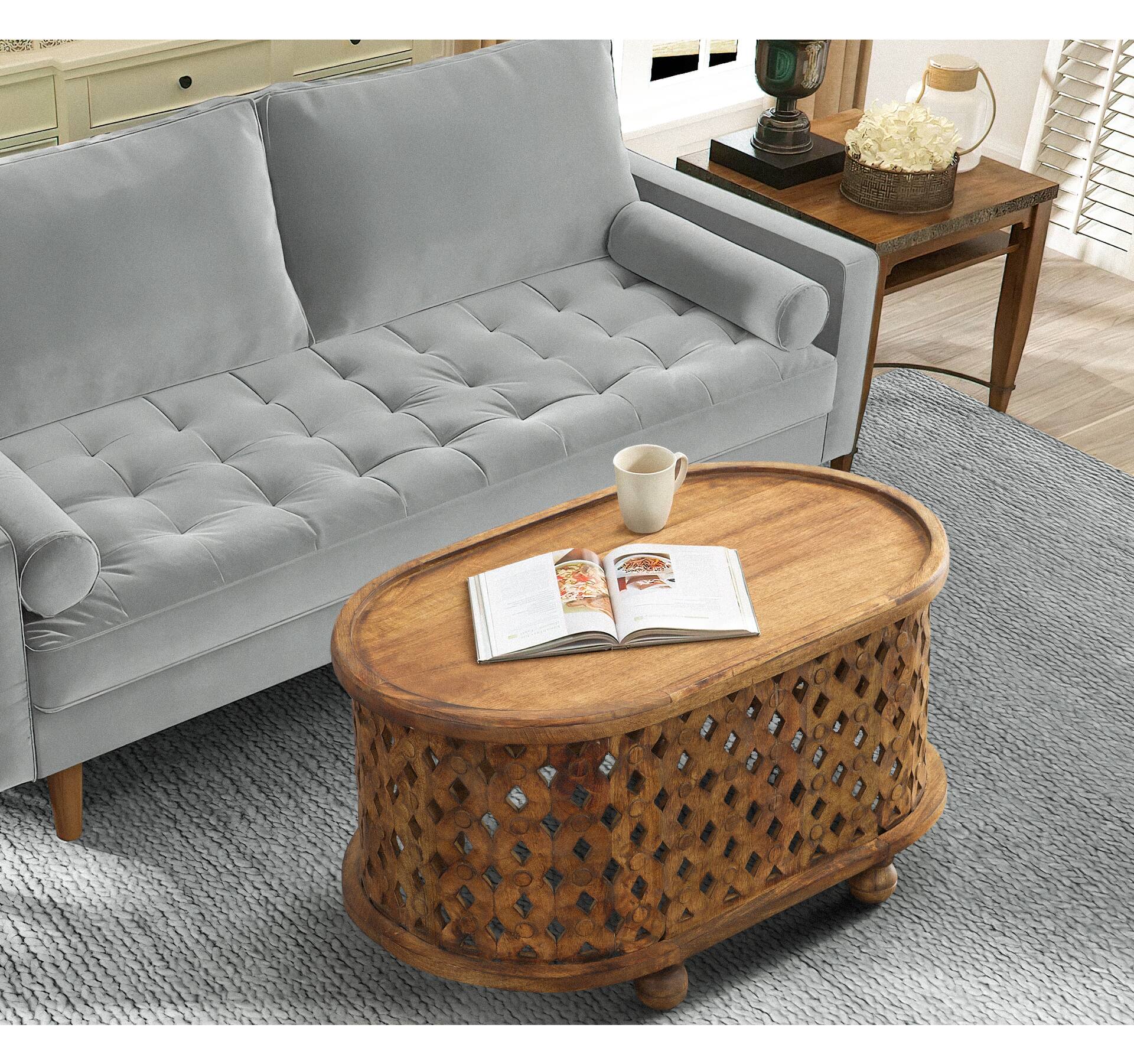 Alt View 7. Manhattan Lane - 36 Inch Handcrafted Oval Coffee Table, Intricate Cutout Design - Brown.