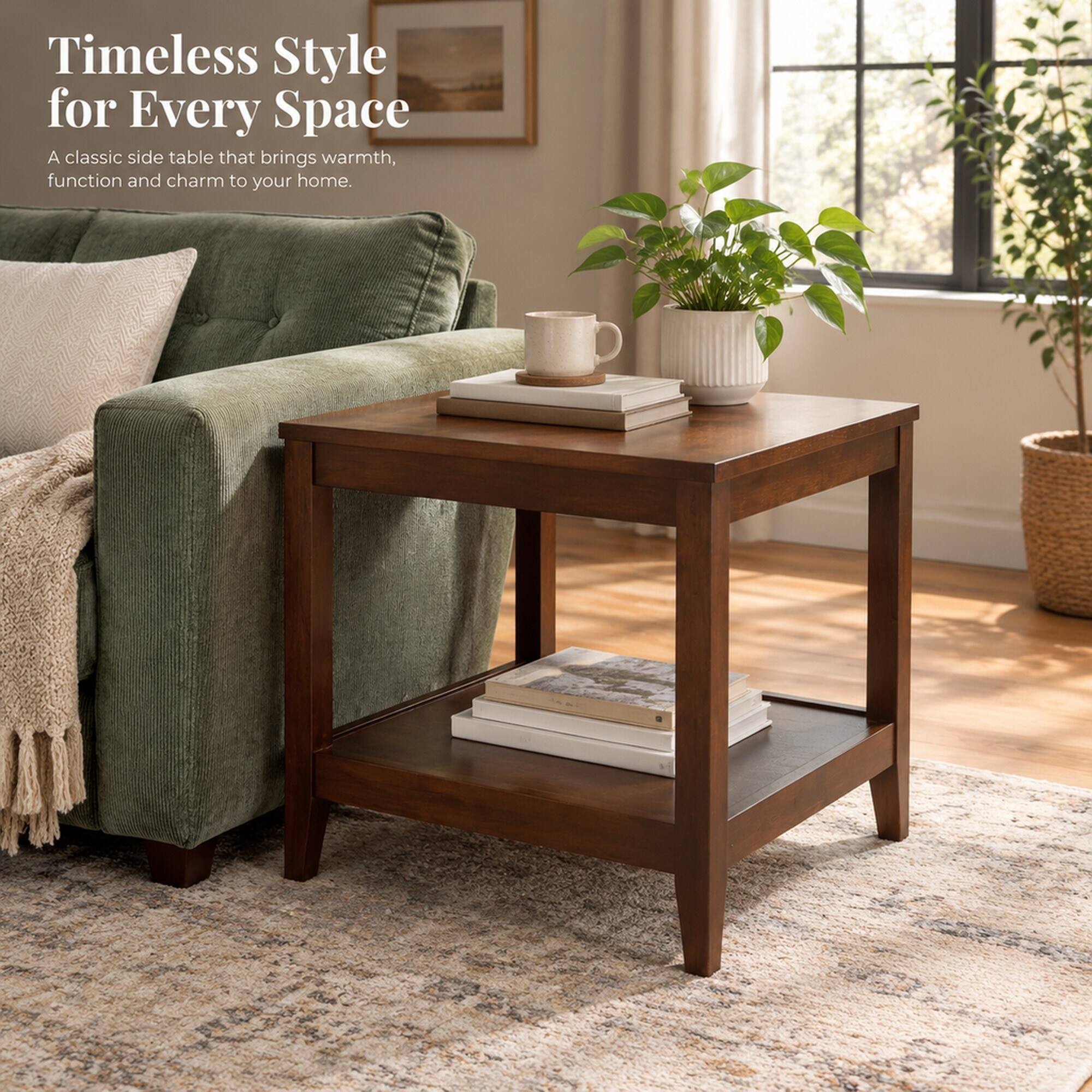 RYHNUYNE Solid Wood End Table, 2 Tier Square Side Table, Storage Shelf ...
