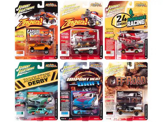 Sure, here is the corrected and grouped text from the image:
---
**Johnny Lightning Freaks**
1. **Zingers!**
- CAMARO POWER
- No. 1
- DIE-CAST METAL BODY & CHASSIS
- LIMITED EDITION 1 of 8058
- FREAK FACTS:
- This is the only 1971 Chevy "Camaro" ever made!
- The car was originally painted in a bright orange color.
- The car was used in the movie "The Fast and the Furious."
- Version A
- Release 2
2. **Zingers!**
- FURIOUS!
- No. 2
- DIE-CAST METAL BODY & CHASSIS
- LIMITED EDITION 1 of 8058
- FREAK FACTS:
- This is the only 1971 Chevy "Camaro" ever made!
- The car was originally painted in a bright orange color.
- The car was used in the movie "The Fast and the Furious."
- Version A
- Release 2
3. **24 HOURS