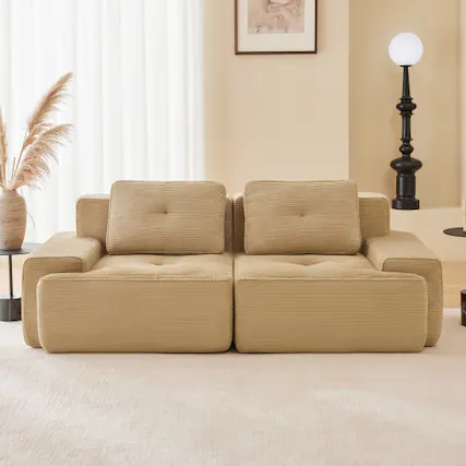 Front. Anysun - 82" L-Shape Corduroy Modular Sectional Sofa - 2-Seat Deep-Seat Couch, Pearl-Like Piping, Tufted, No Assembly - Camel.