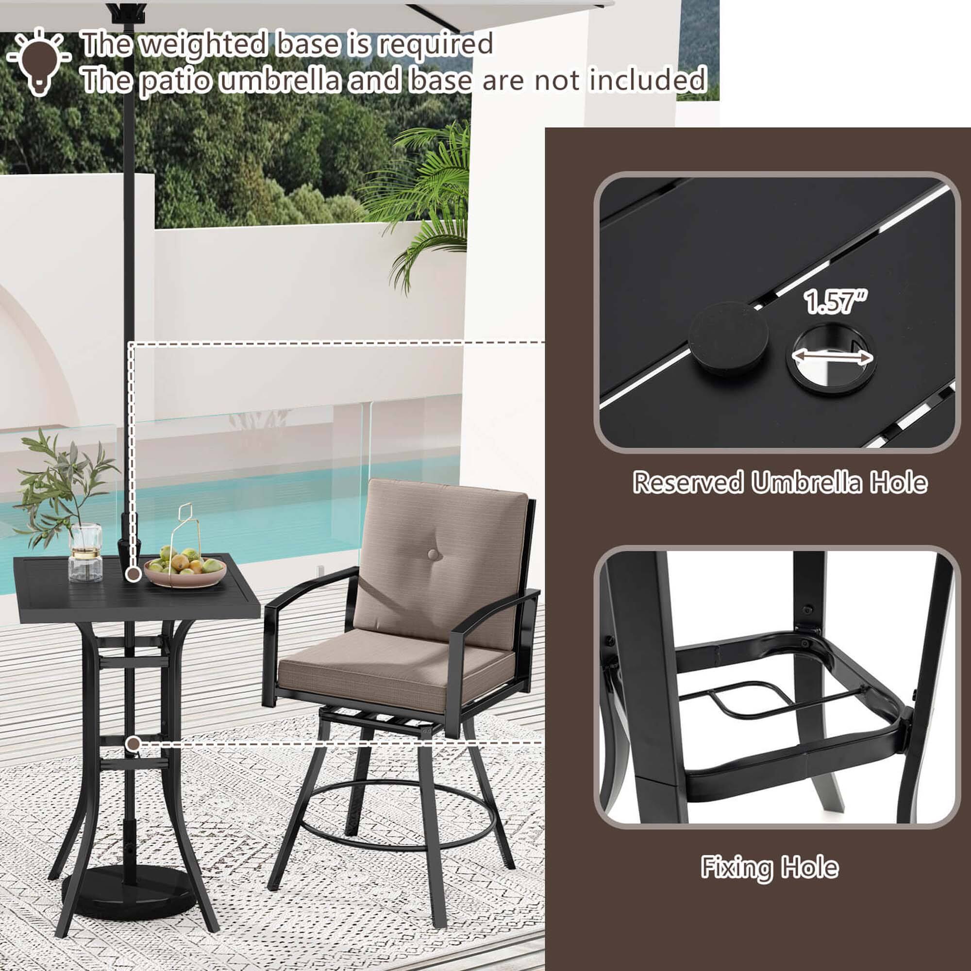 The weighted base is required. The patio umbrella and base are not included.  
1.57" Reserved Umbrella Hole  
Fixing Hole
