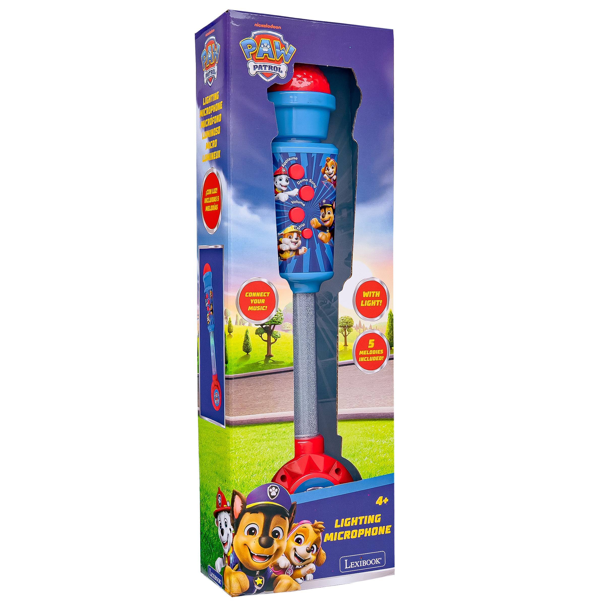niceeladeon PAW PATROL  
MICROPHONE MUCROFOND ARMINISO MORO MONELY INCUDIES RELMS  
Advisitation Demo sany Volukin  
CONNECT YOUR MUSIC!  
WITH LIGHT!  
5 MELODIES INCLUDED!  
4+ LIGHTING MICROPHONE LEXIBOOK