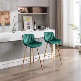 Trinkets Crazed - Velvet Bar Stools Set of 2, 30 Inch Modern Barstools with Back&Gold Legs, Bar Height Stools for Kitchen Island - Green