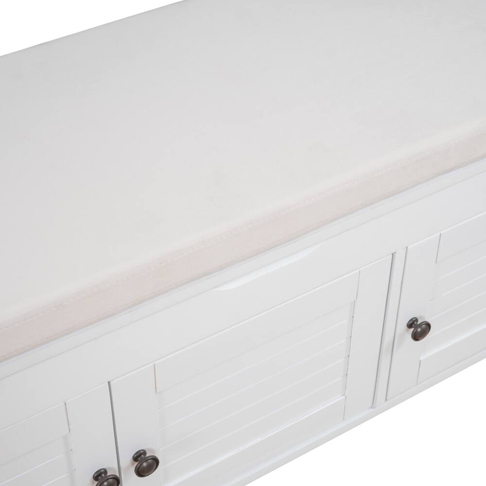 Alt View 3. Ropilly - Ropilly White Storage Bench with Cushion and Shutter Doors, Entryway Shoe Bench with Hidden Storage, 43.5 Inch - White.