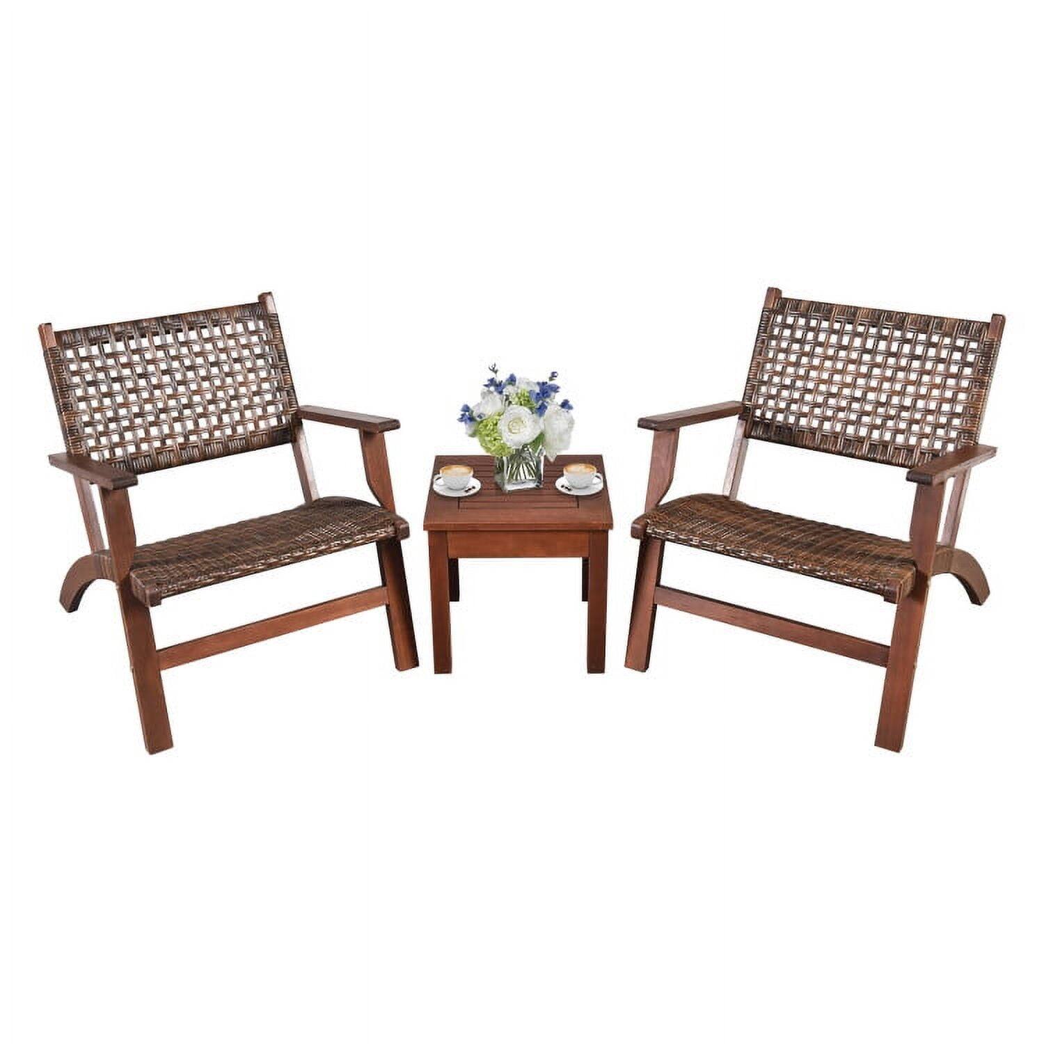 Left. Kadyn - 3 Pieces Outdoor Wooden Patio Rattan Furniture Set, Small Patio Conversation Furniture Set - Brown.