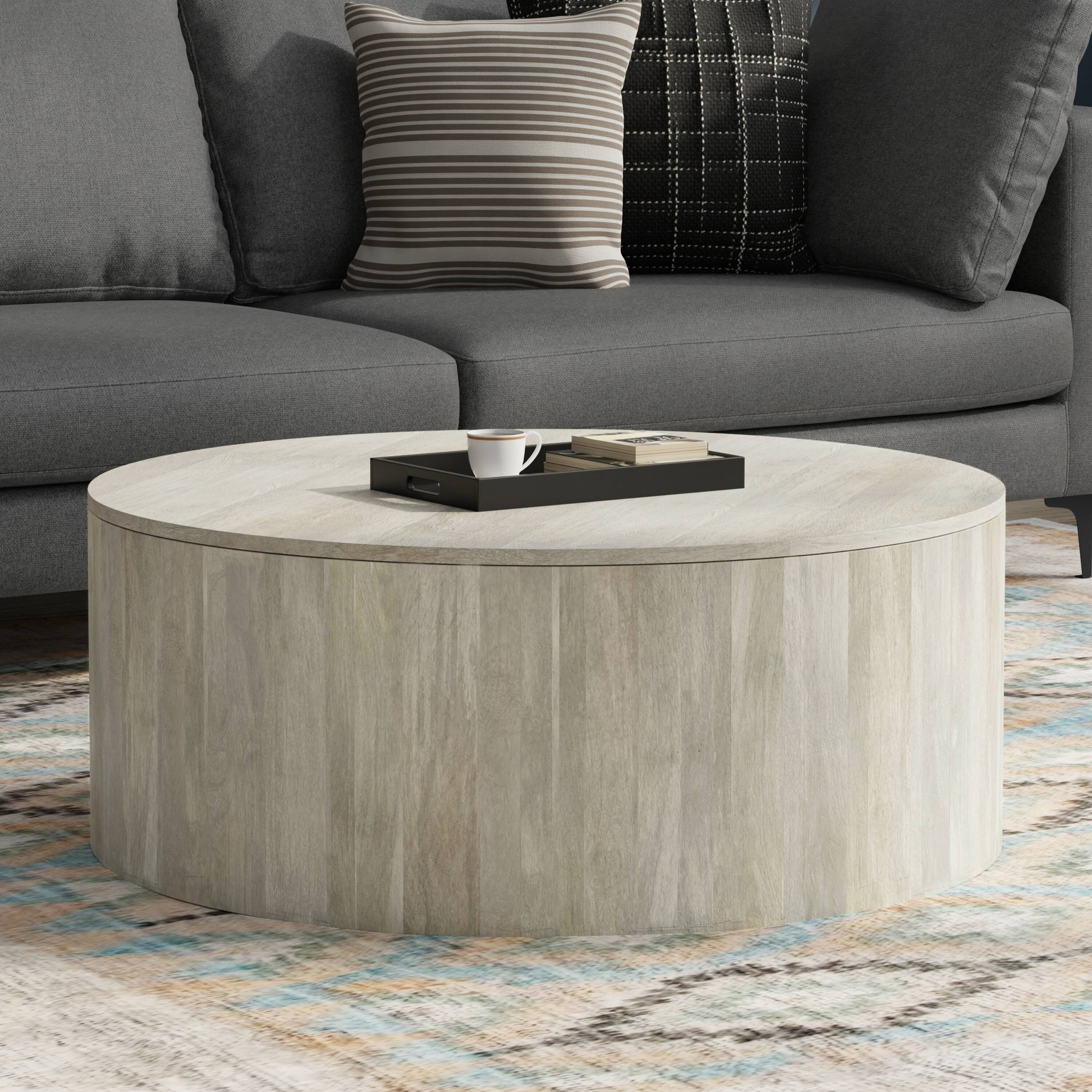 Angle. Simpli Home - Millbury SOLID MANGO WOOD 36 inch Wide Round Contemporary Drum Coffee Table in White Wash, Fully Assembled - White Wash.