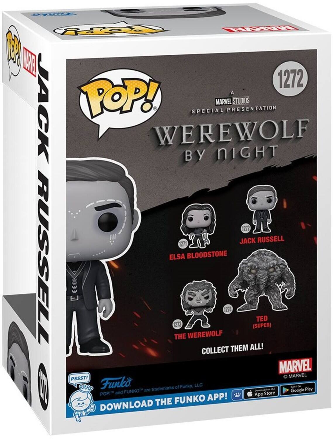 Sure, here is the corrected and grouped text from the image:

---

**POP! MARVEL**

**A Marvel Studios Special Presentation**

**Jack Russell**

**1272 Jack Russell**

**1271 Elsa Bloodstone**

**1274 Ted (Super)**

**1273 The Werewolf**

**Collect Them All!**

**PSSST!**

**Funko**

**POP! and FUNKO are trademarks of Funko, LLC**

**Download the Funko App!**

**App Store**

**Google Play**

**Marvel**

---

This text is organized to reflect the information on the packaging, including the character names, their respective numbers, and promotional details.