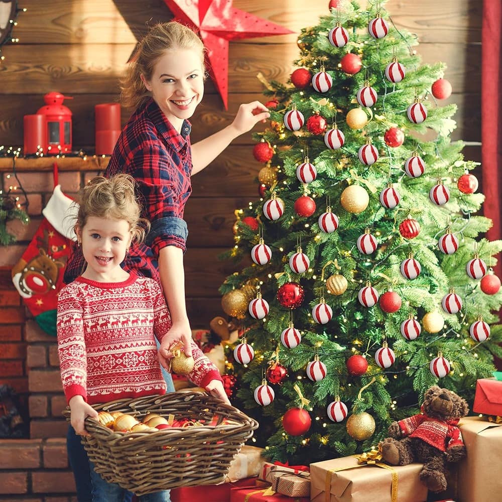 PARKER SLATER - 60-Pc Mini Red & White Christmas Ball Ornaments – Candy Cane Tree Decor - Red + White