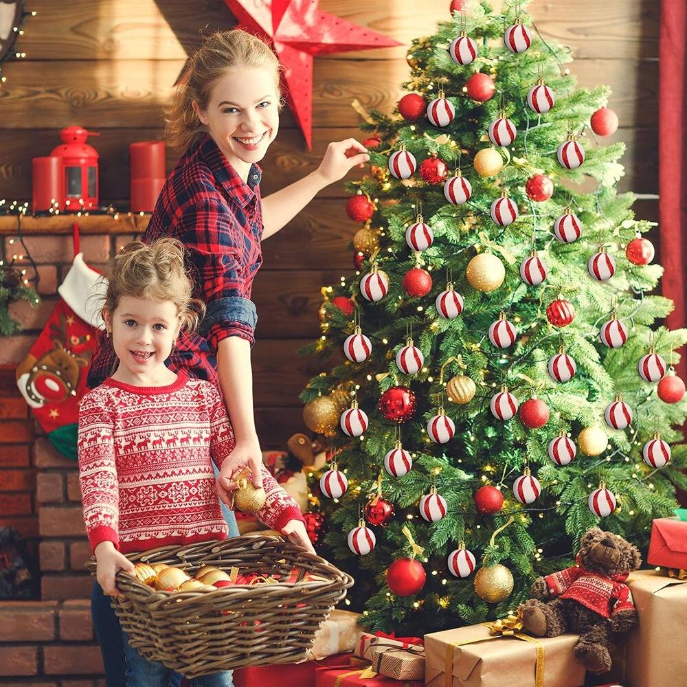 Front. PARKER SLATER - 60-Pc Mini Red & White Christmas Ball Ornaments – Candy Cane Tree Decor - Red + White.