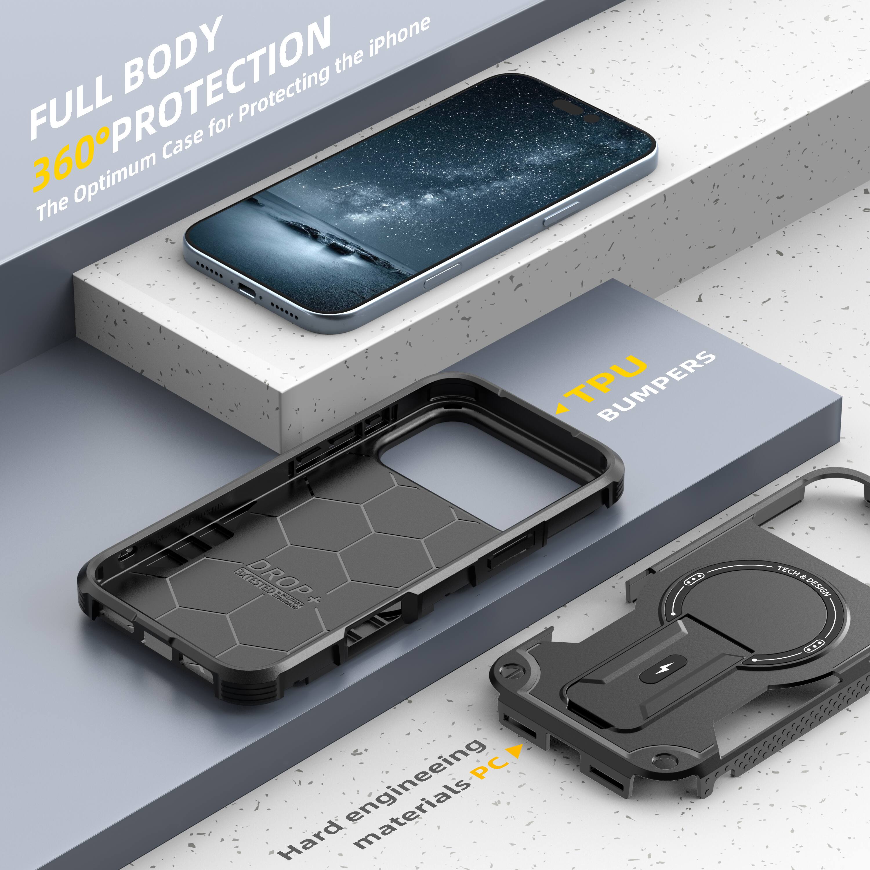 FULL BODY 360° PROTECTION  
The Optimum Case for Protecting the iPhone  

TPU BUMPERS  

Hard engineering materials PC  

TECH DESIGN