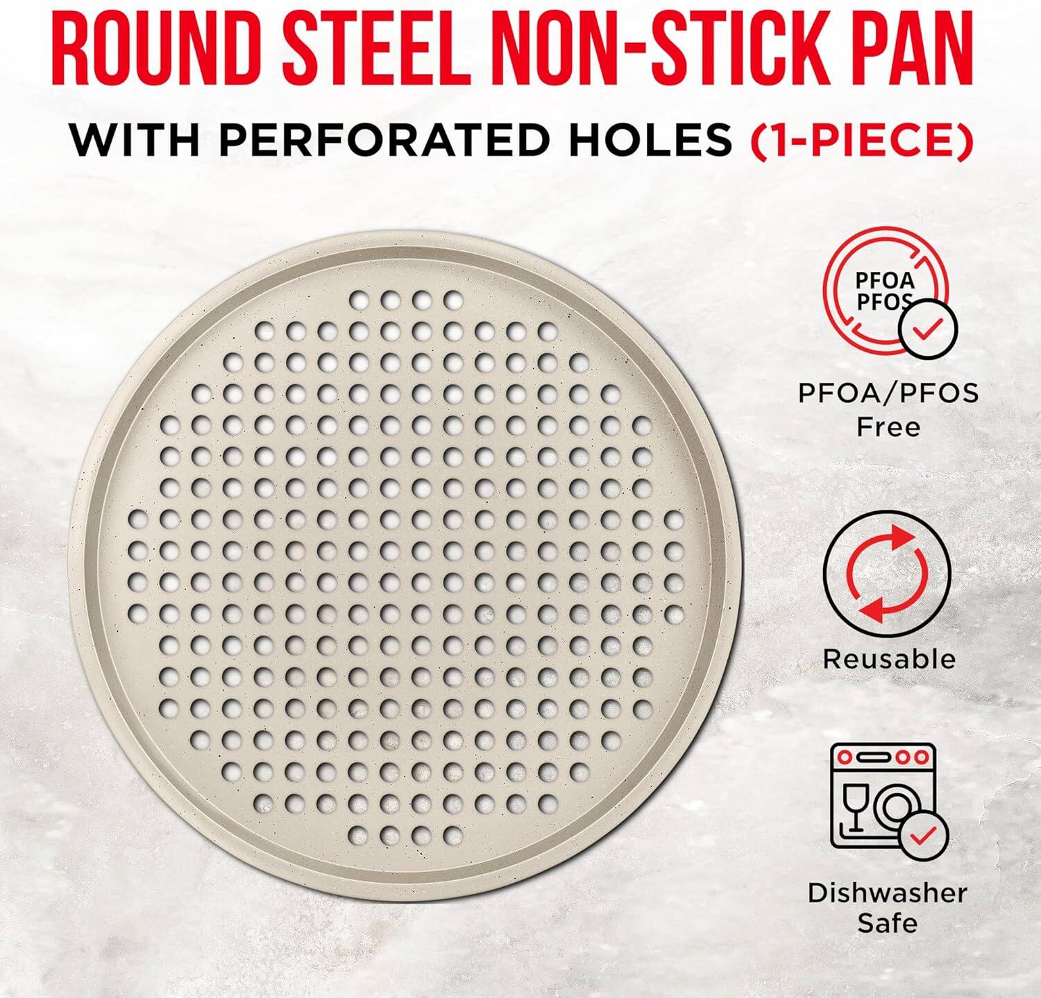 ROUND STEEL NON-STICK PAN WITH PERFORATED HOLES (1-PIECE) PFOA/PFOS Free Reusable Dishwasher Safe