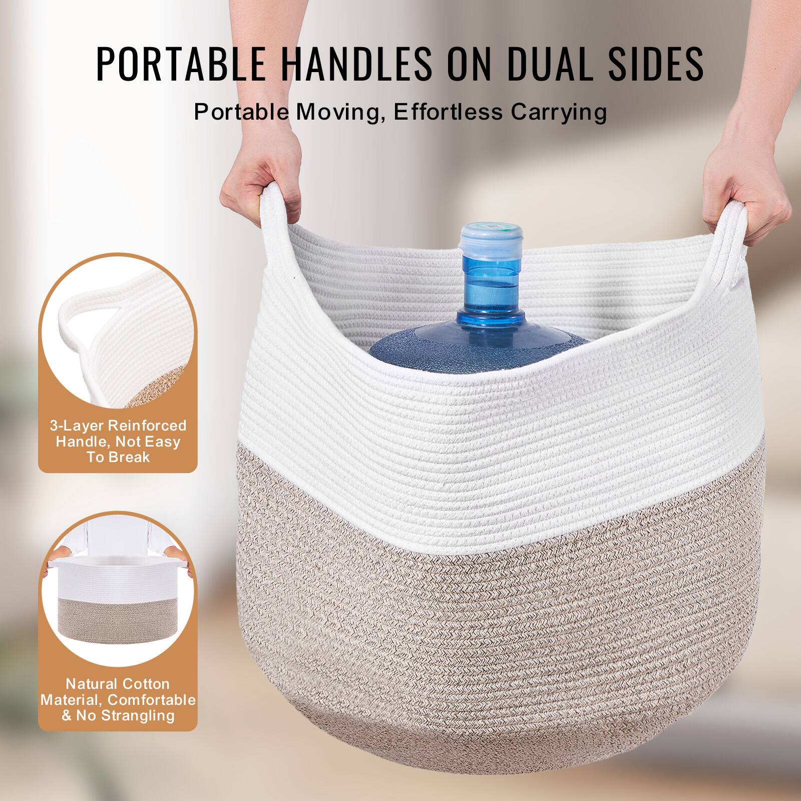 PORTABLE HANDLES ON DUAL SIDES  
Portable Moving, Effortless Carrying  

3-Layer Reinforced Handle, Not Easy To Break  

Natural Cotton Material, Comfortable & No Strangling