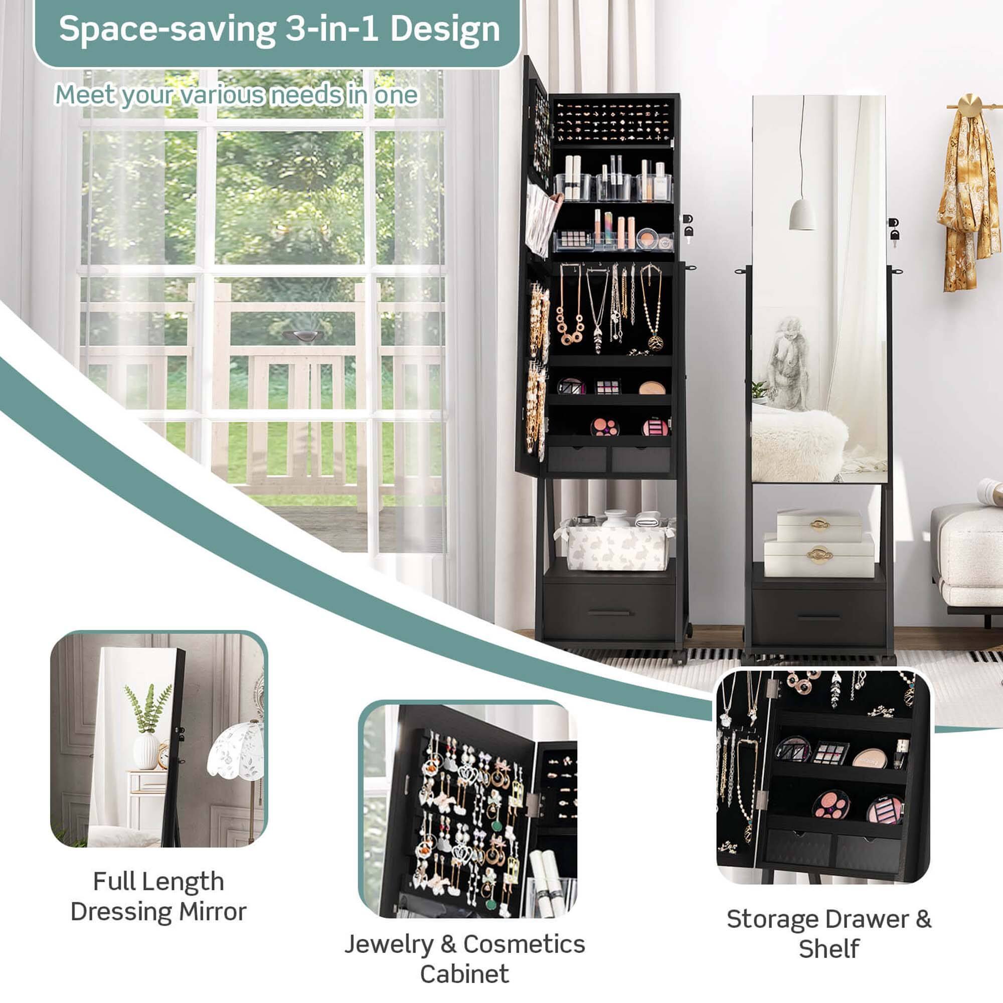 Space-saving 3-in-1 Design Meet your various needs in one Full Length Dressing Mirror, Jewelry & Cosmetics Cabinet, Storage Drawer & Shelf